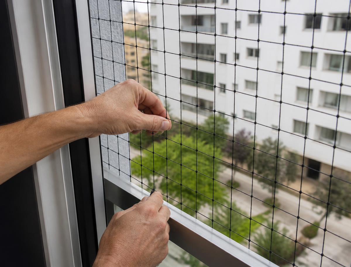 Instalação de rede de proteção sendo fixada na esquadria de uma janela de apartamento